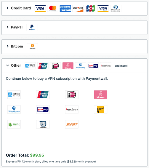 The available payment methods