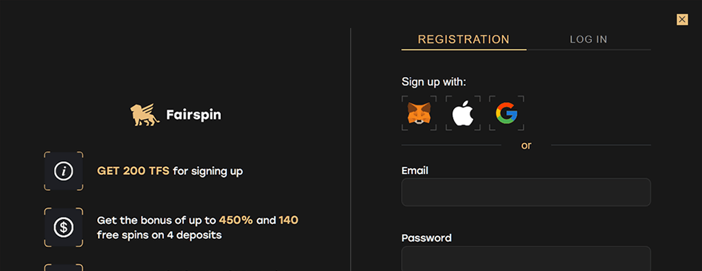 Fairspin Sign-Up Dialog